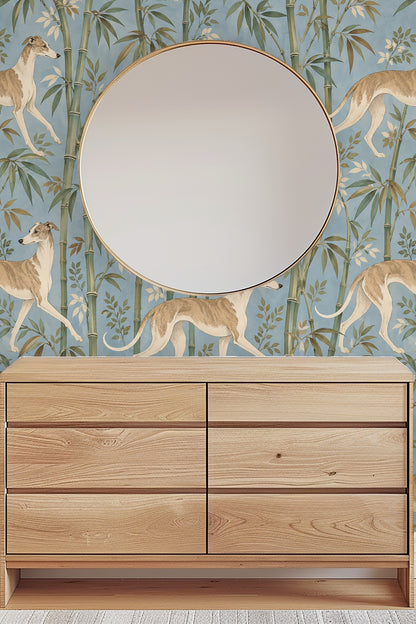 Whippet figure walking amid bamboo in soft beige and cream hues