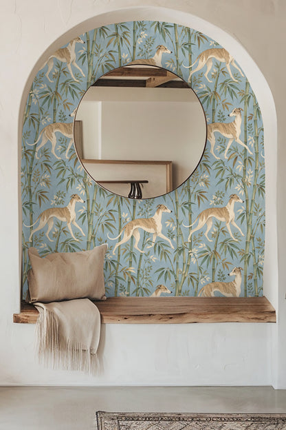Pattern repeat detail showing whippets and bamboo stalks on a blue field
