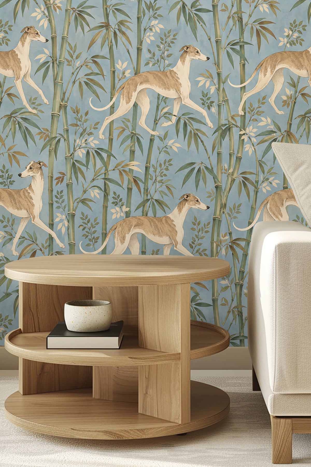 Entryway nook with arch framing round mirror and whippet bamboo wallpaper backdrop