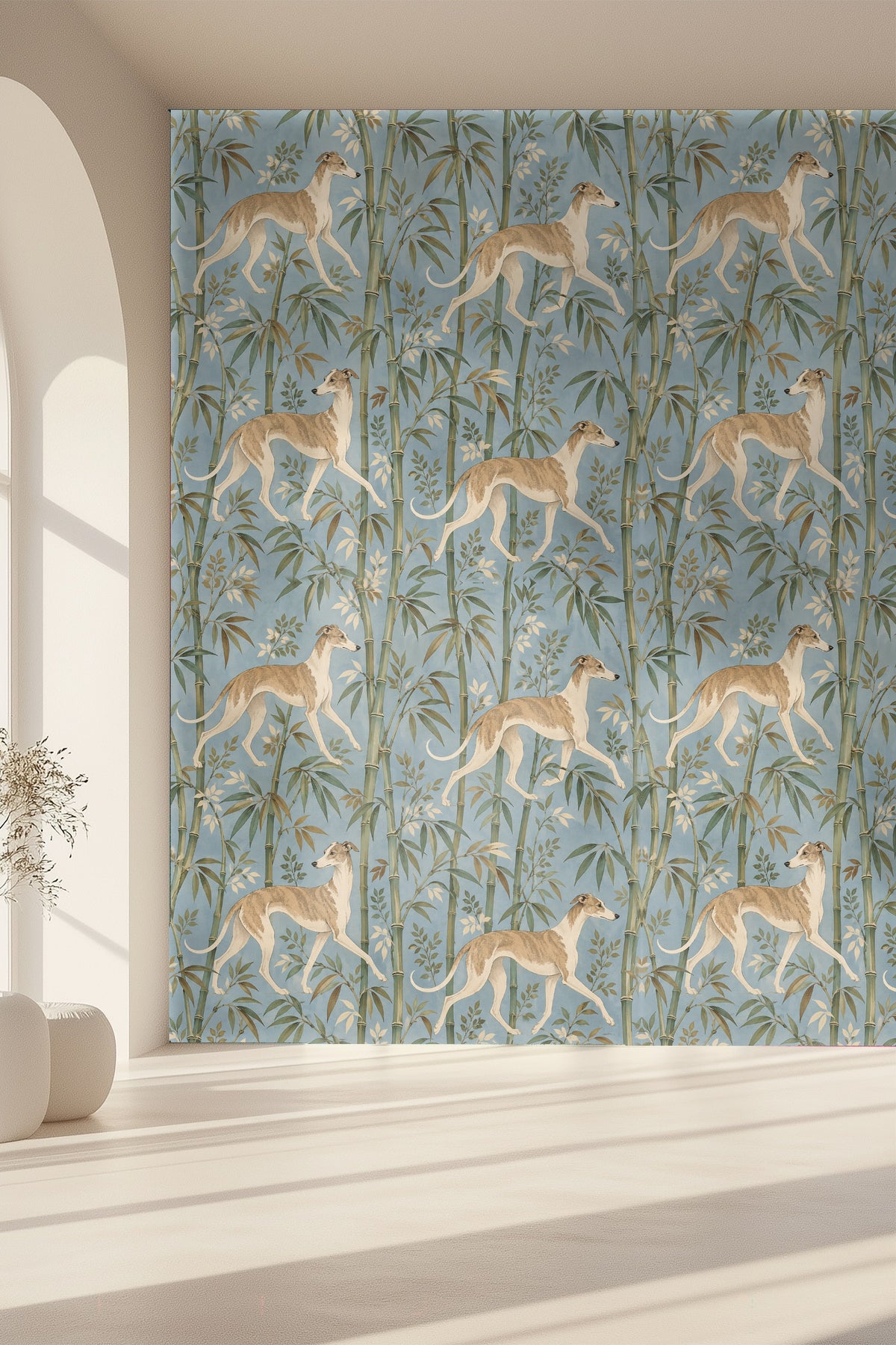 Overall wallpaper composition emphasizing botanical and animal motifs