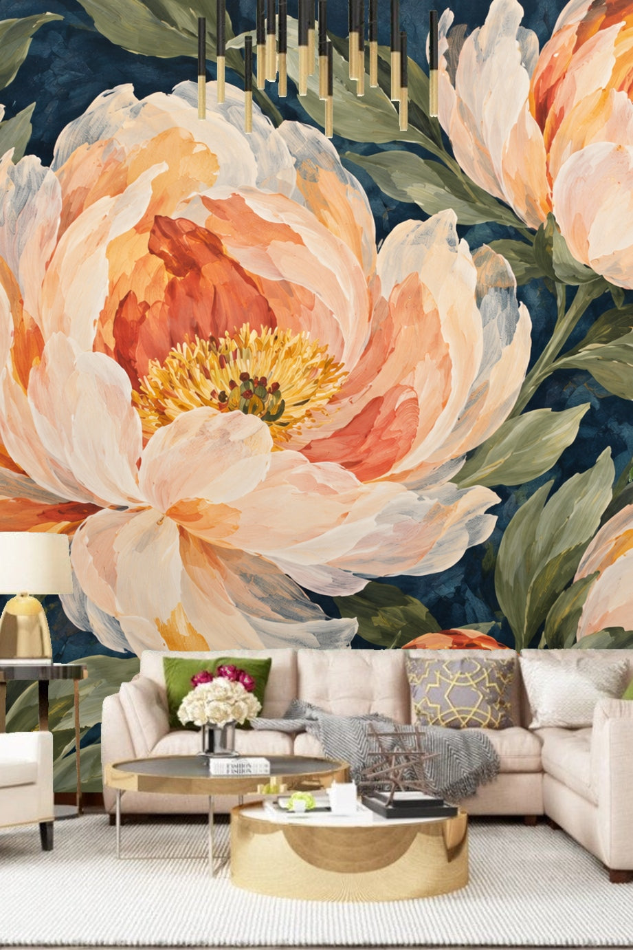 Peony Bloom on Indigo wallpaper applied on a nursery wall with wooden bunk beds and plush octopus toy