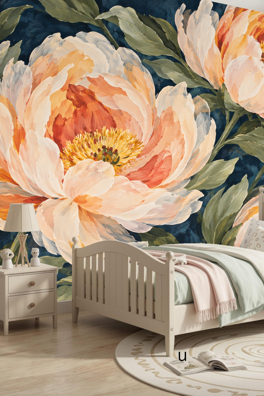 Large peony flower in soft orange and cream brushstrokes with green leaves on deep blue background