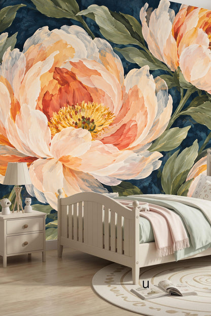 Large peony flower in soft orange and cream brushstrokes with green leaves on deep blue background