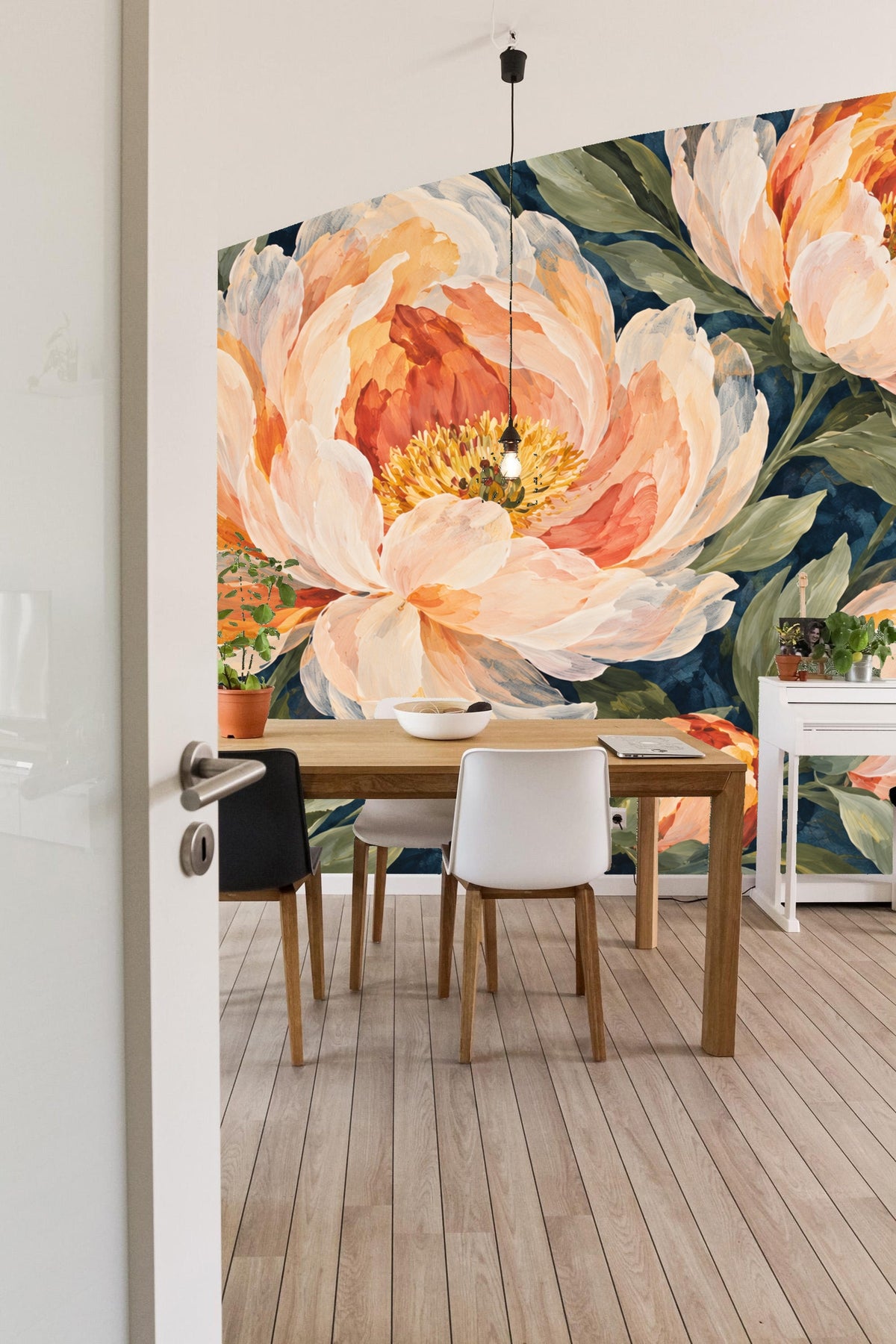 Full bloom peony overlapping with green leaves on deep blue painted background
