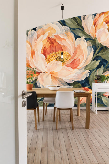 Full bloom peony overlapping with green leaves on deep blue painted background