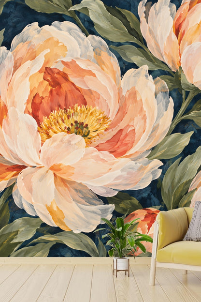 Painterly peony wallpaper detail emphasizing color transitions and brush texture