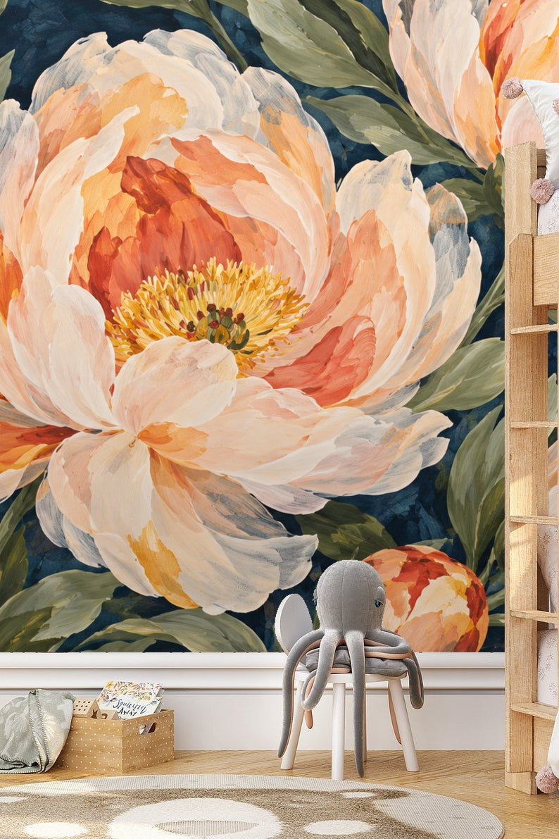 Close-up detail of large painted peony flower in apricot and cream tones on deep indigo background