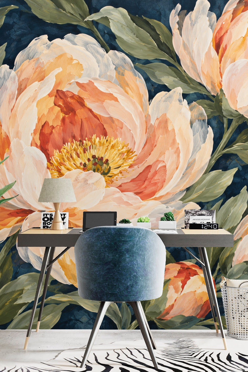 Partially opened peony bud in warm apricot hues with painterly texture