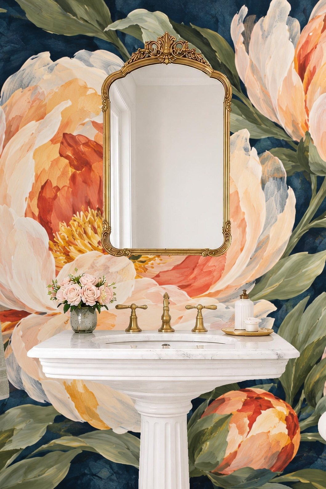 Lush green leaves surrounding blooming peonies on dark indigo painterly base