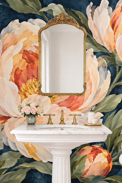 Lush green leaves surrounding blooming peonies on dark indigo painterly base