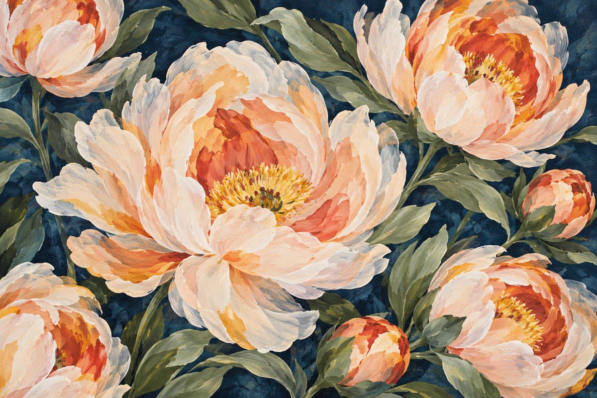 Side angle of floral wallpaper showing scale of the peony blossoms against dark background