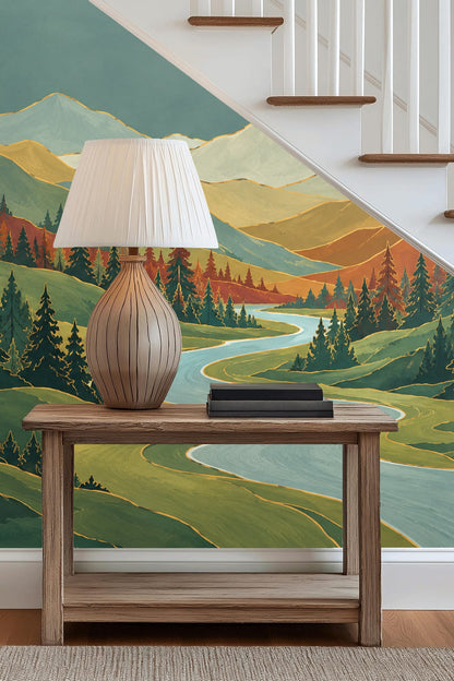 Children's nursery wall with mountain river wallpaper and crib
