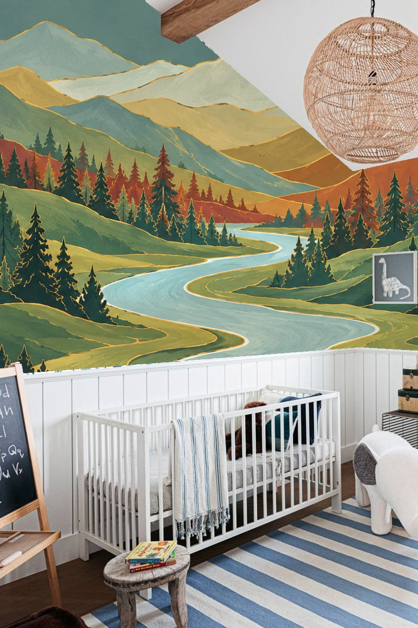 Close-up of midcentury style mountain wallpaper showing layered hills and river