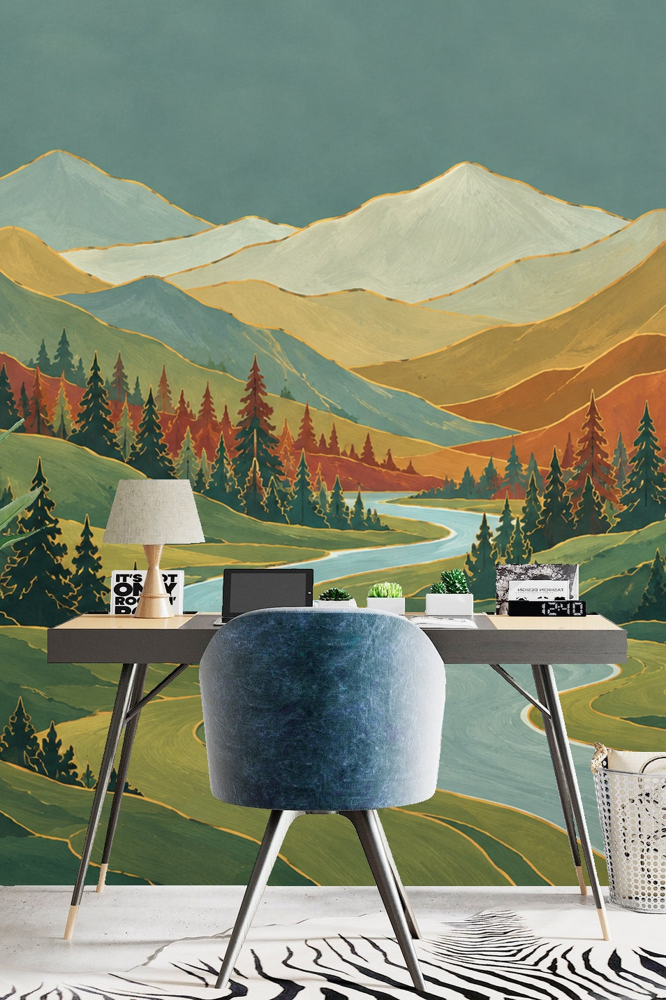 Vintage-inspired wallpaper with curving river and autumnal pine forest