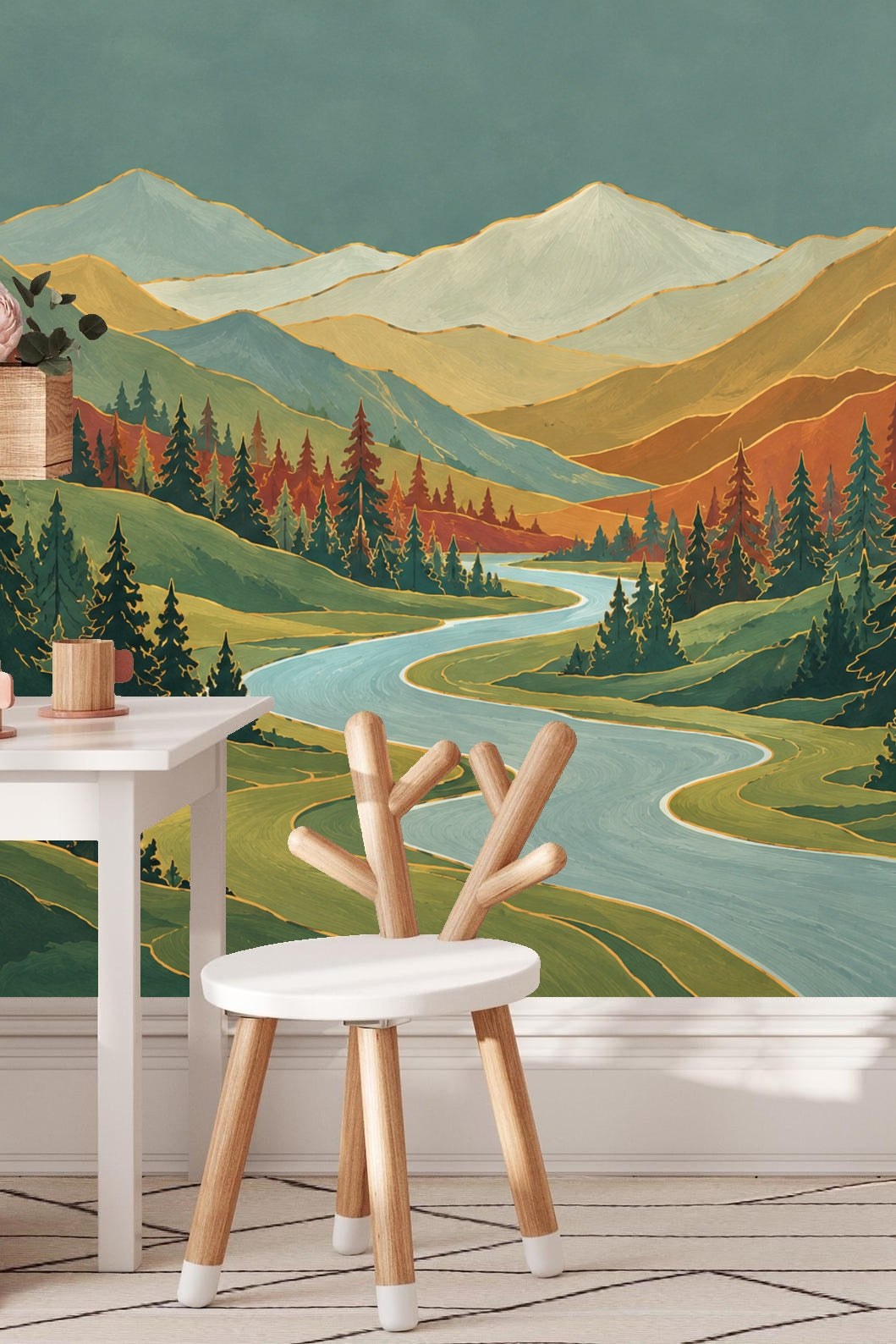 Wallpaper mural of mountains and river with warm golden and terracotta layers