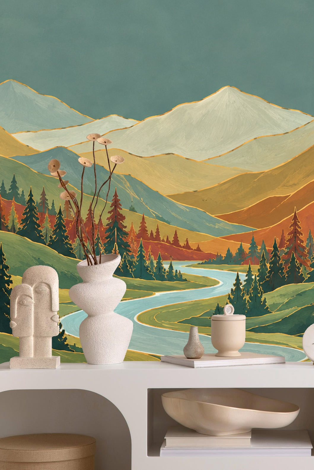 Wallpaper detail of river flowing through hills framed by dark and rust-colored trees