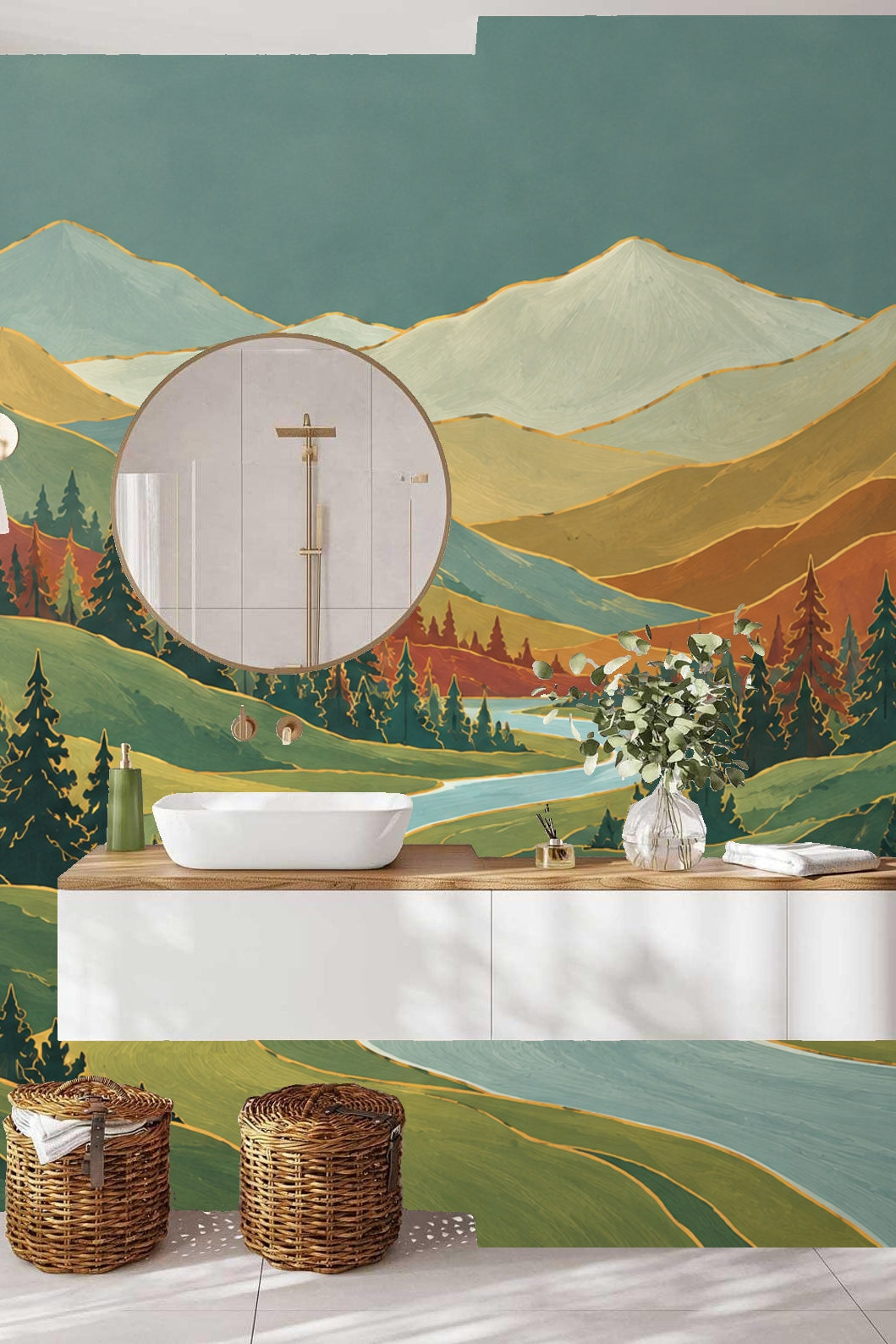 Nursery room featuring wallpaper mural of pastel mountains and river bend