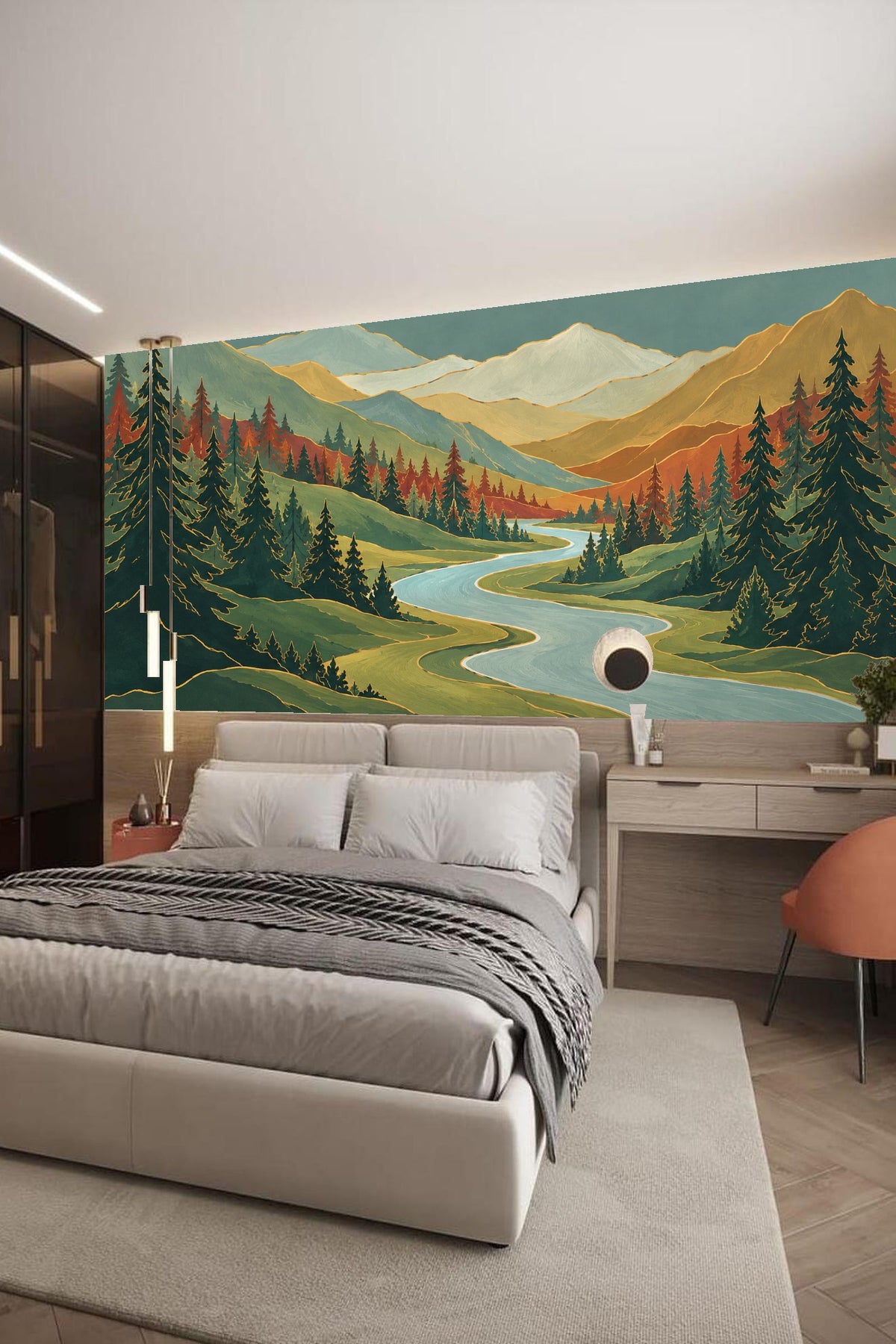 Room with wallpaper mural of curved river and pine silhouettes in midcentury palette