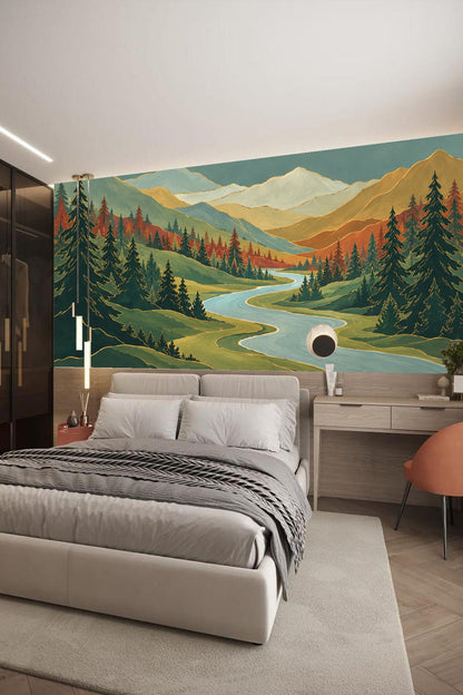 Room with wallpaper mural of curved river and pine silhouettes in midcentury palette