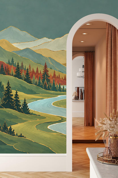 Mountain wallpaper design with winding stream and stylized pine trees