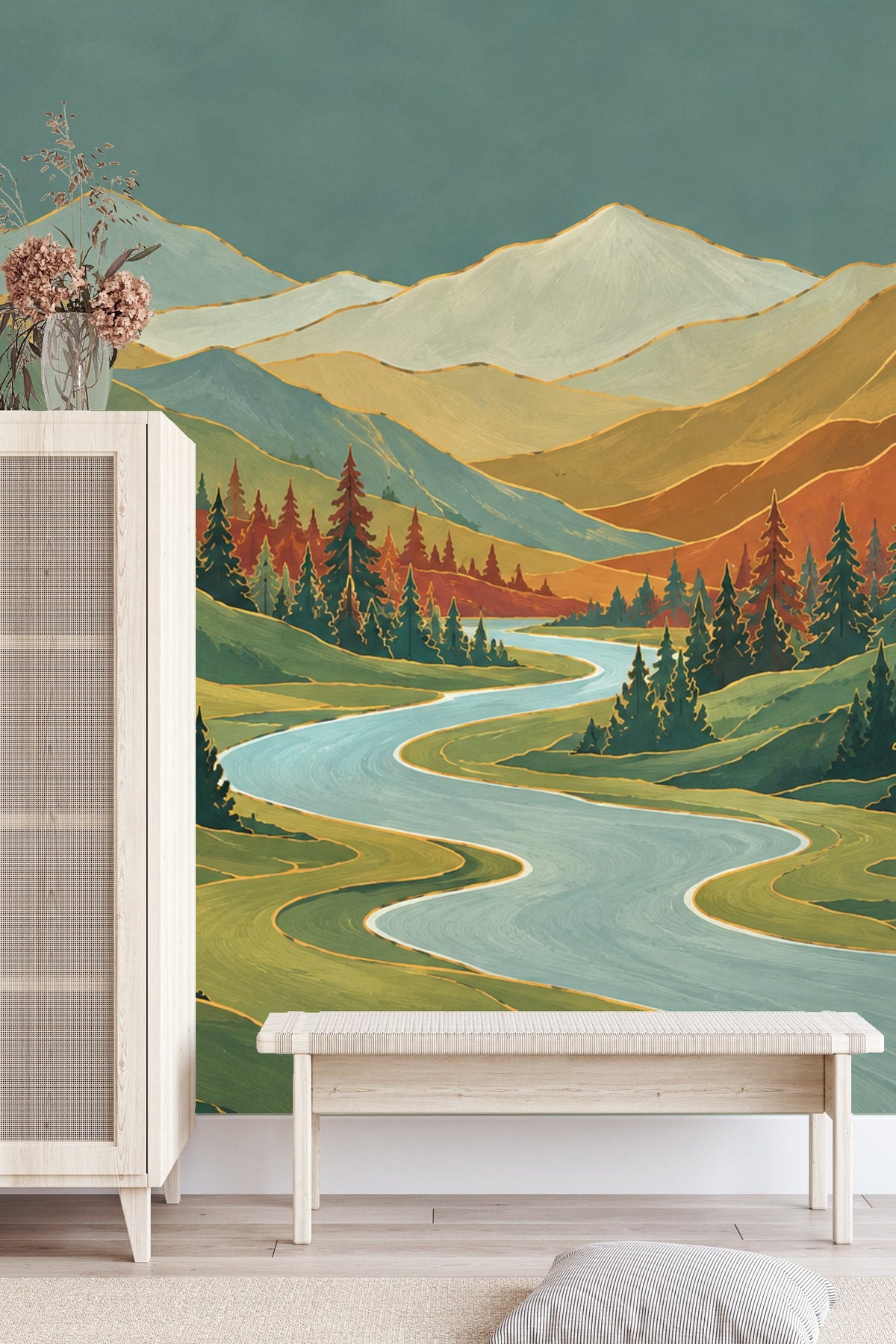 Artistic mural showing layered mountain ranges with golden, gray, and rust hues