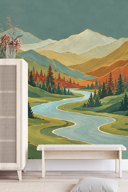 Artistic mural showing layered mountain ranges with golden, gray, and rust hues