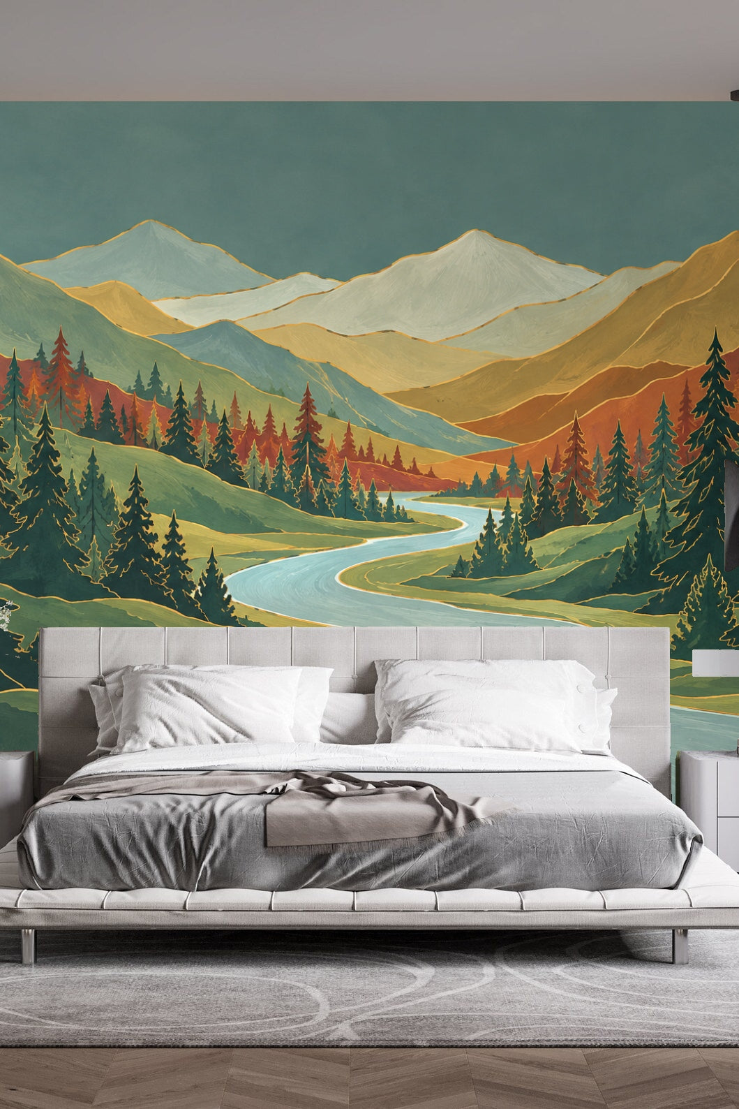 Blue river snaking through stylized landscape wallpaper with muted tones