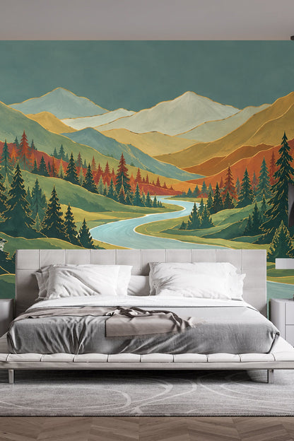 Blue river snaking through stylized landscape wallpaper with muted tones