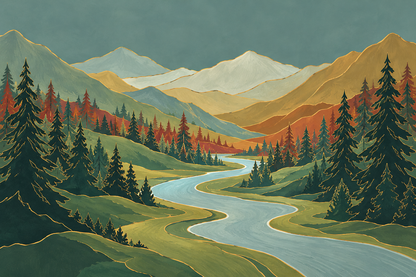 Whimsical mountain scene wallpaper with winding river and pine forests