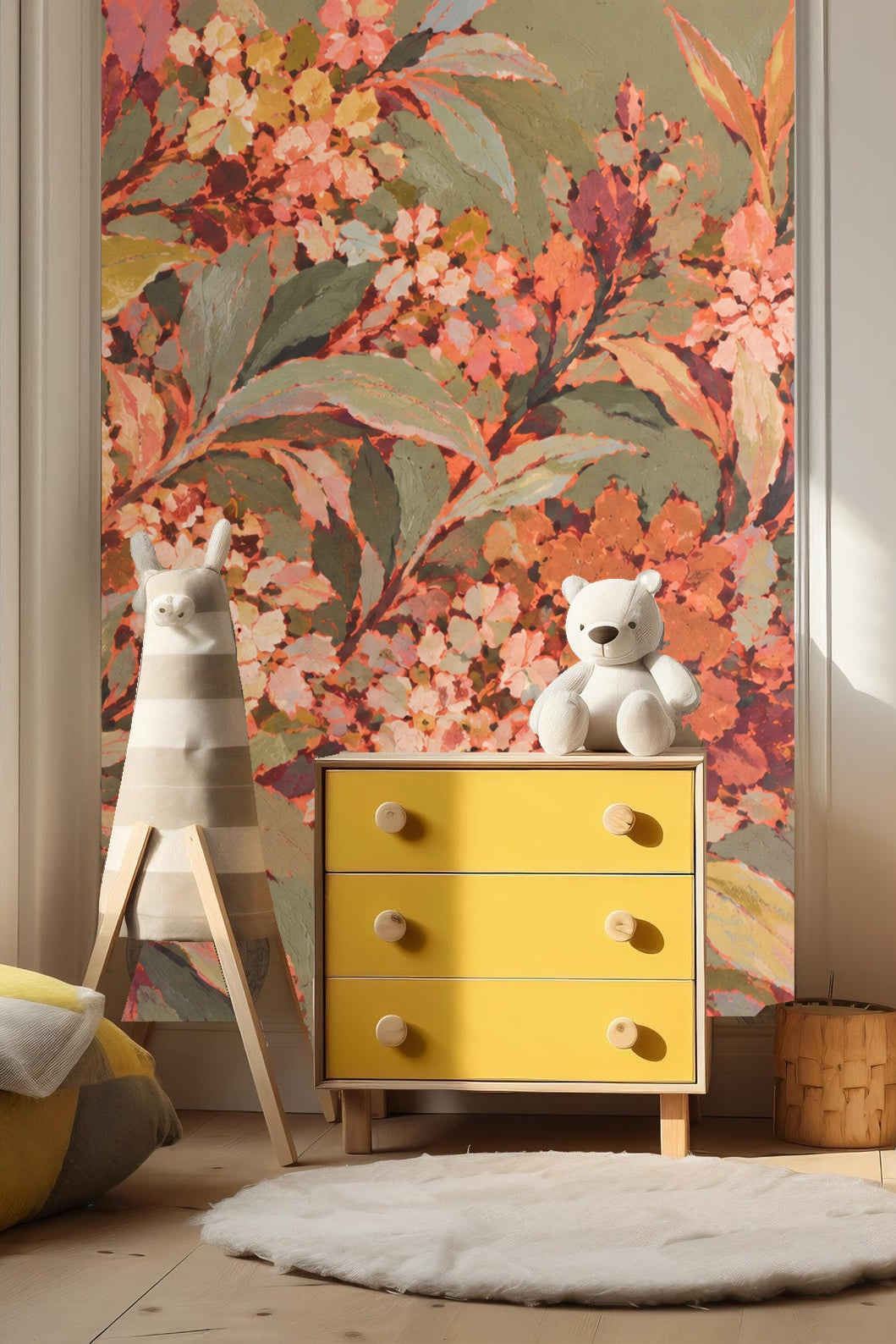 Muted blues and soft beige accents scattered in foliage