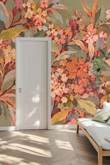 Floral motif showing clusters of soft pink, apricot, and coral blossoms
