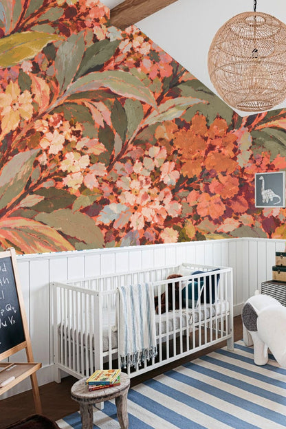 Living room featuring apricot grove floral wallpaper behind a wood media console and modern decor