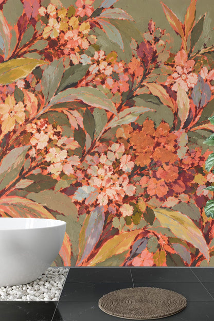 Coral and apricot florals contrasted against muted green foliage background