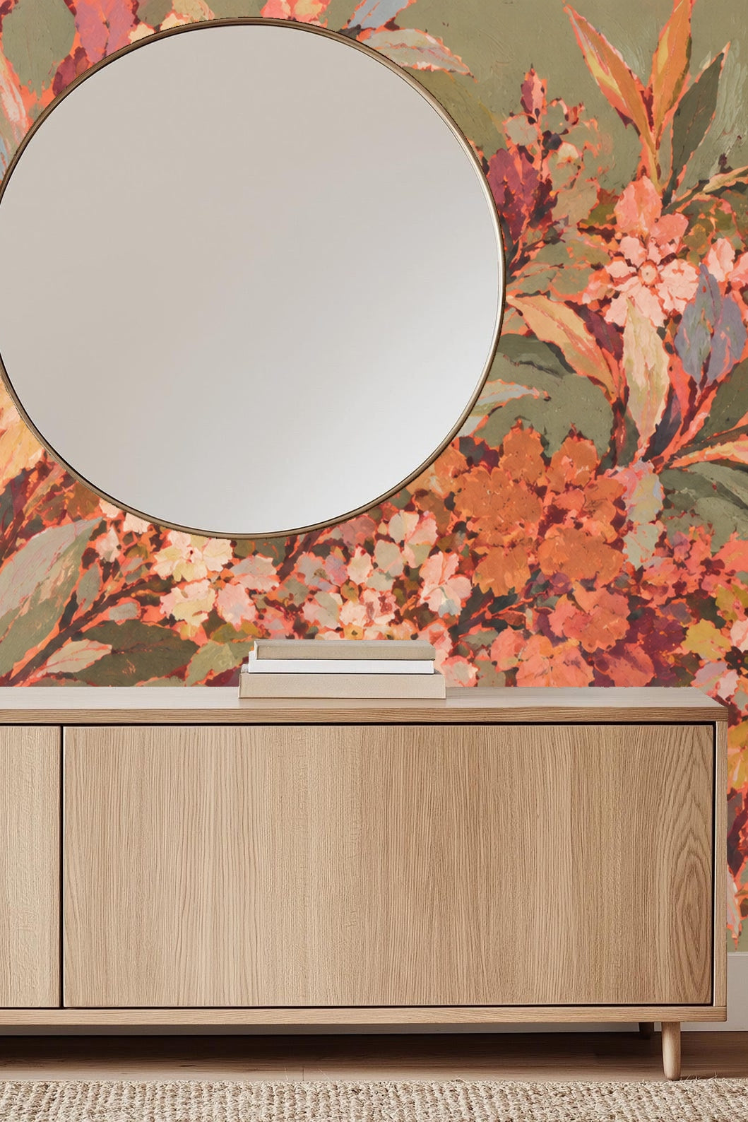 Warm coral flowers with cooler green leaves blending smoothly