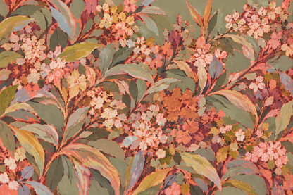 Large-scale wallpaper with harmonious color palette of apricot, coral, olive, and soft neutrals