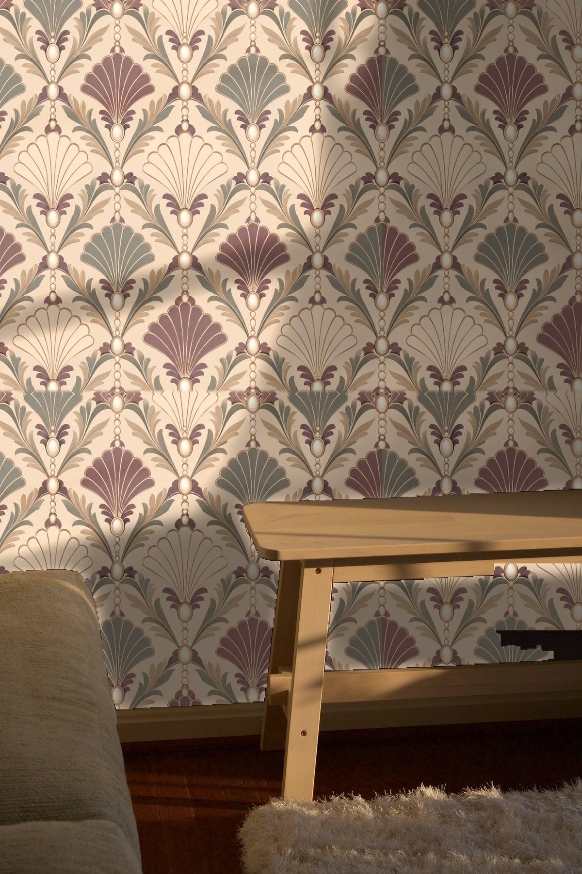 Pearl drop decorations on vintage styled wallpaper