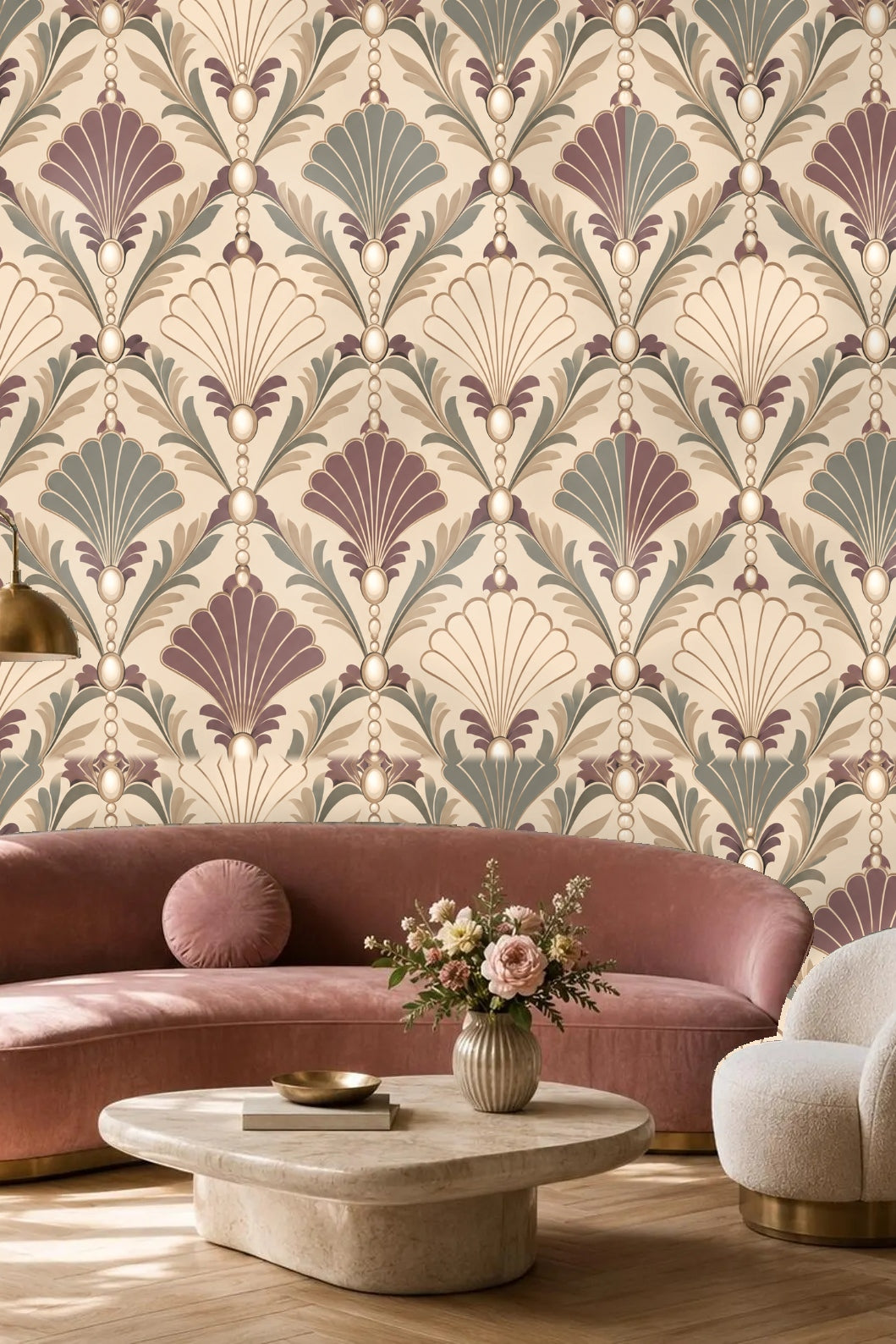 Wallpaper with symmetrical shell and pearl motif in softly lit room