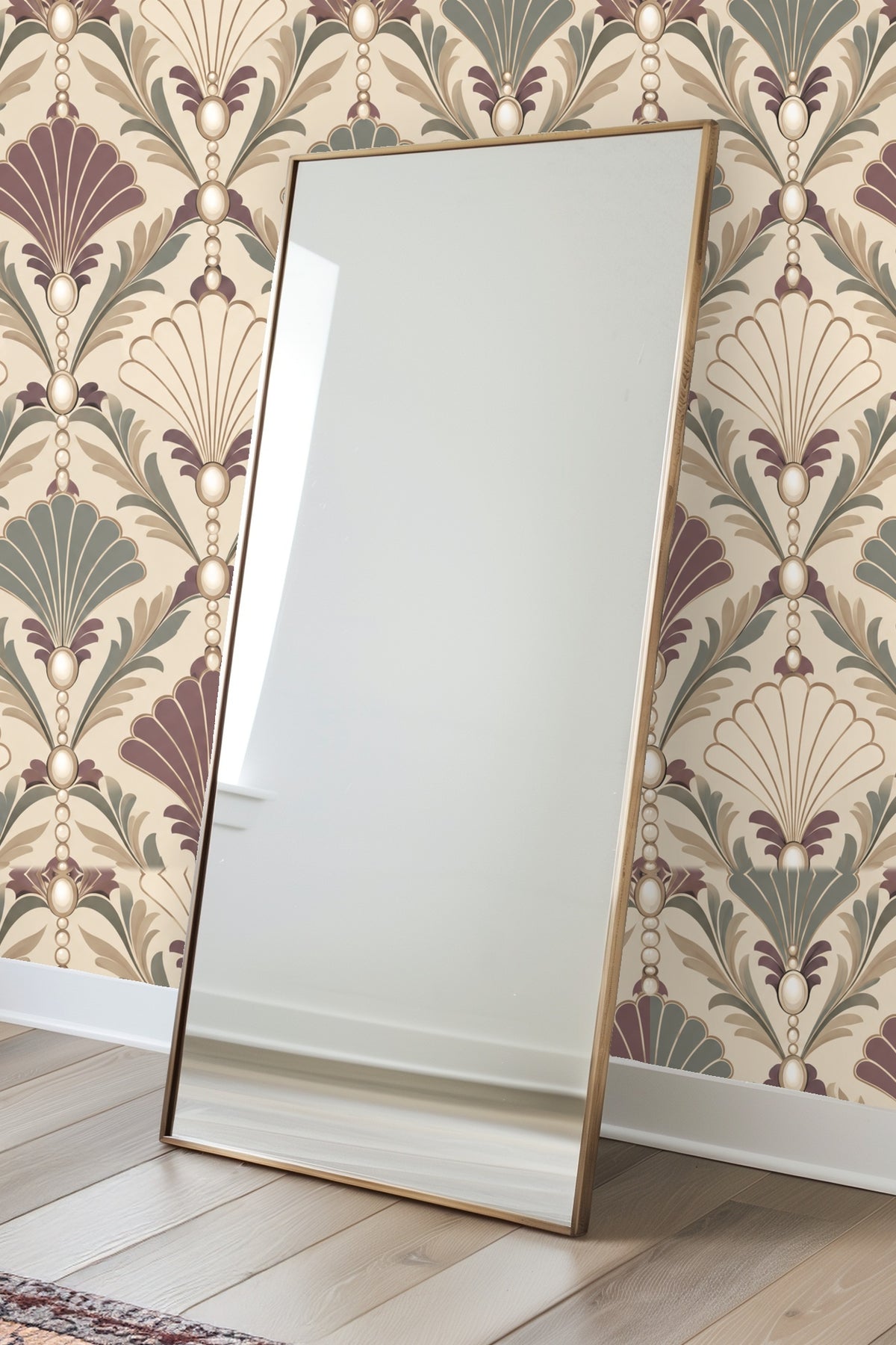 Partial view of wallpaper and orange furniture setting