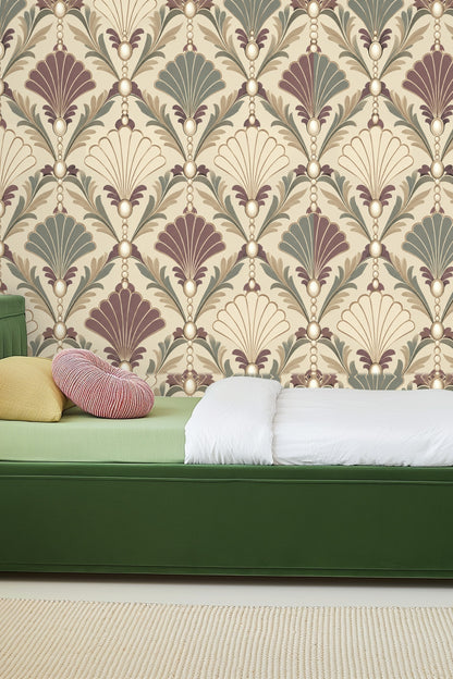 Cozy room with shell pattern wallpaper and beige curtain