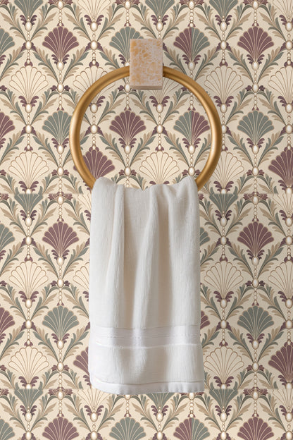 Stylish shelving against shelled wallpaper background