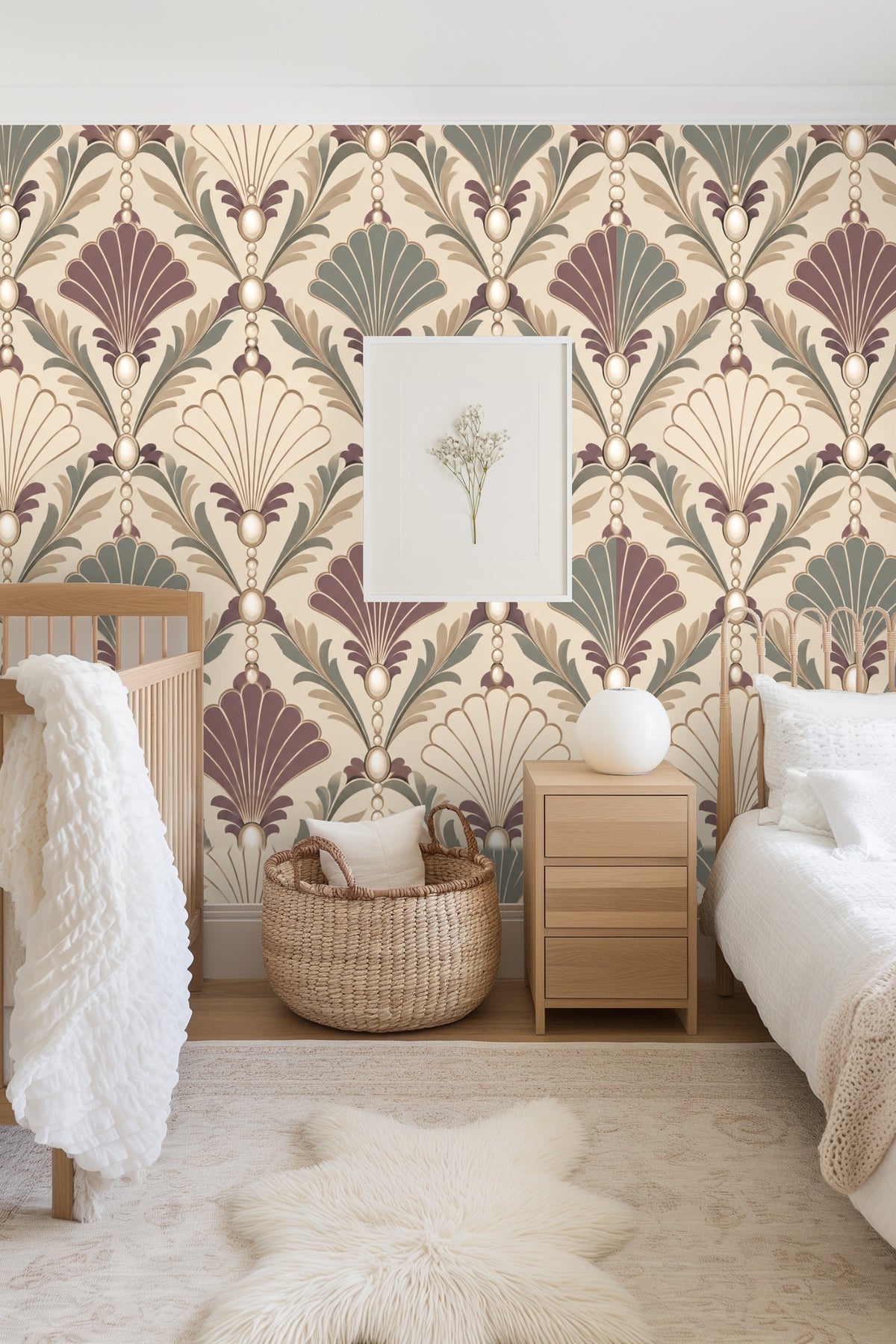 Living room corner with patterned wallpaper and white planter