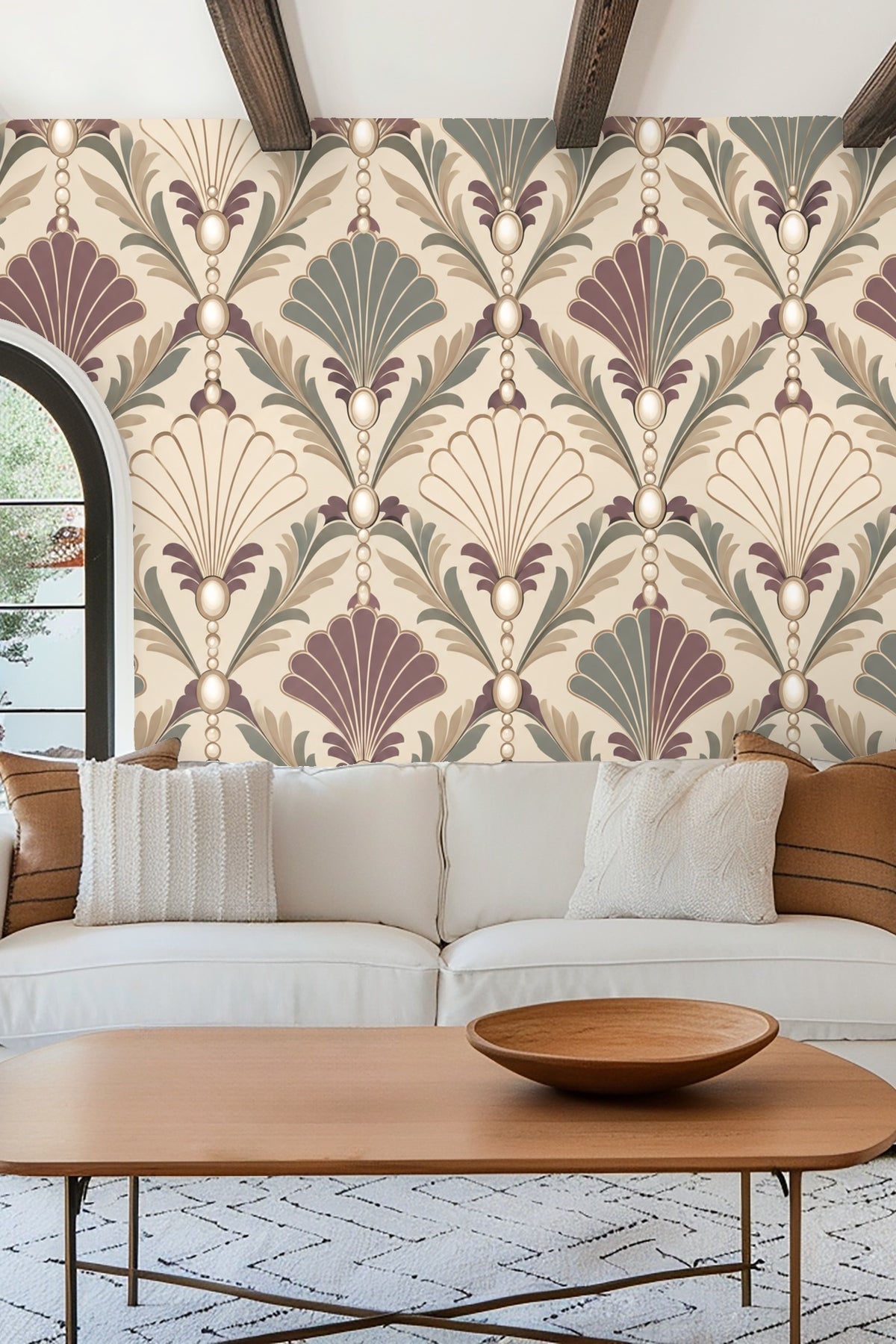 Clothing rack in front of wallpaper with muted jewel tone shells and pearls motif