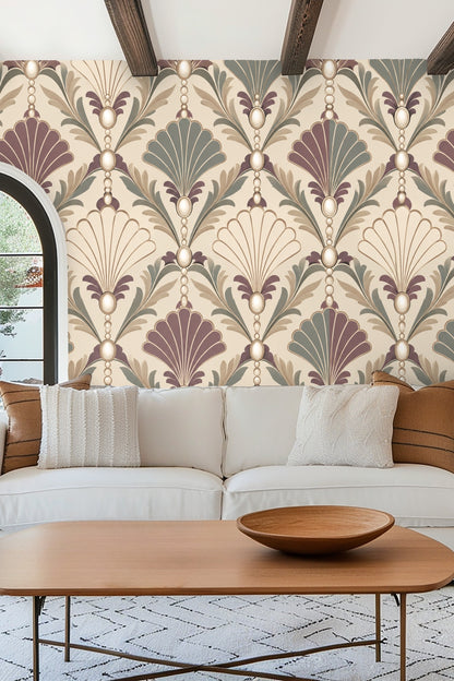 Clothing rack in front of wallpaper with muted jewel tone shells and pearls motif