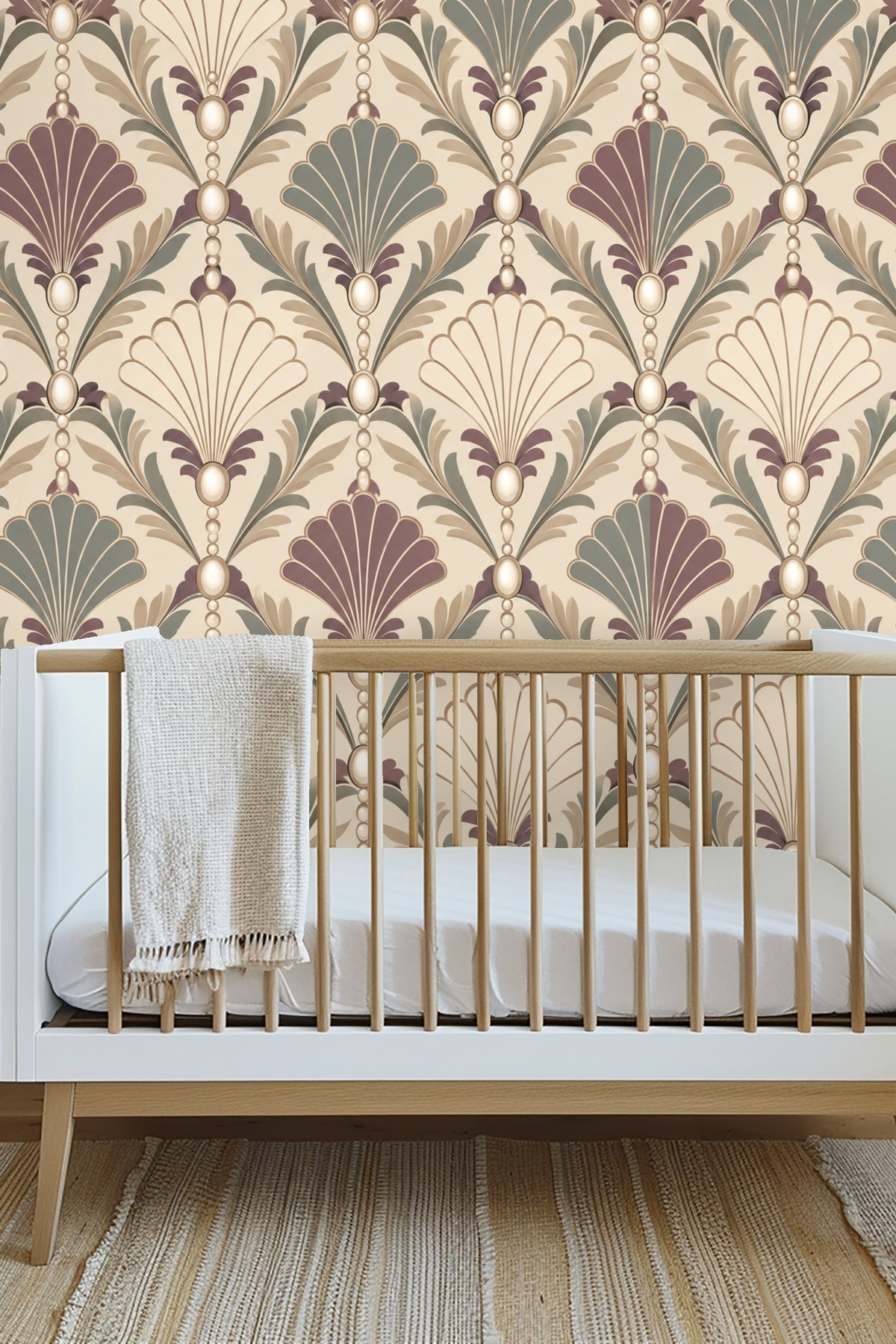 Close-up view of wallpaper scallop pattern with pearl accents