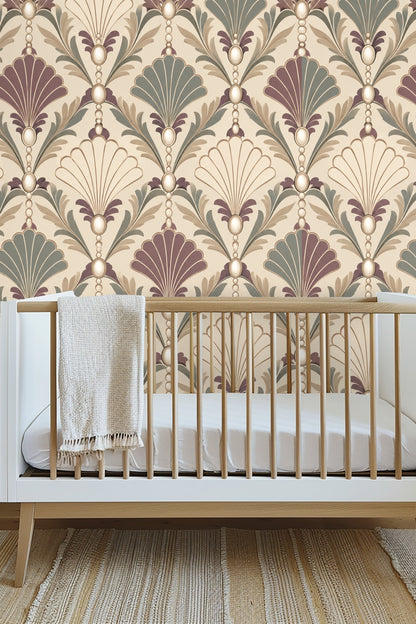 Close-up view of wallpaper scallop pattern with pearl accents