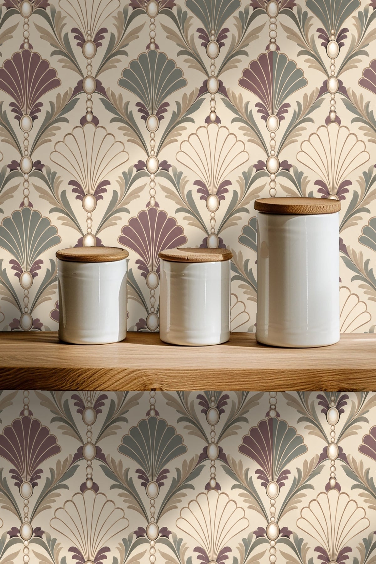 Muted mauve and green Art Deco scallop wallpaper detail