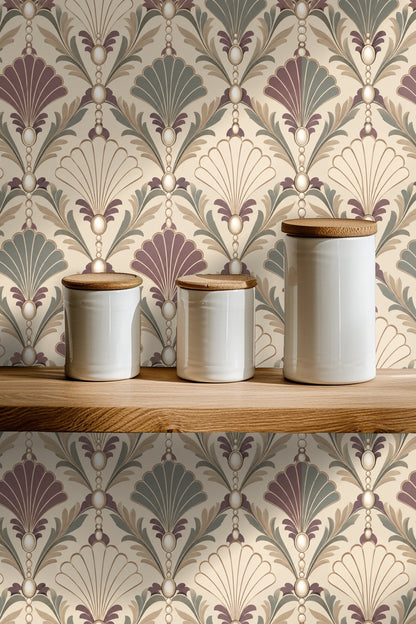 Muted mauve and green Art Deco scallop wallpaper detail
