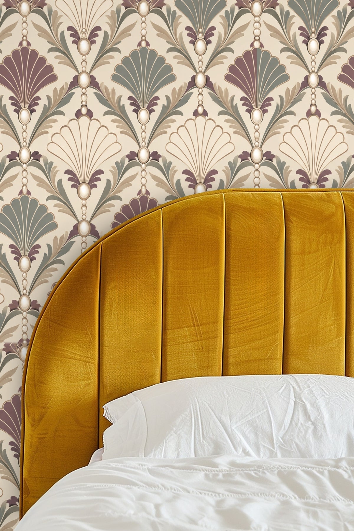 Vintage shell pattern wallpaper with neutral colored curtain