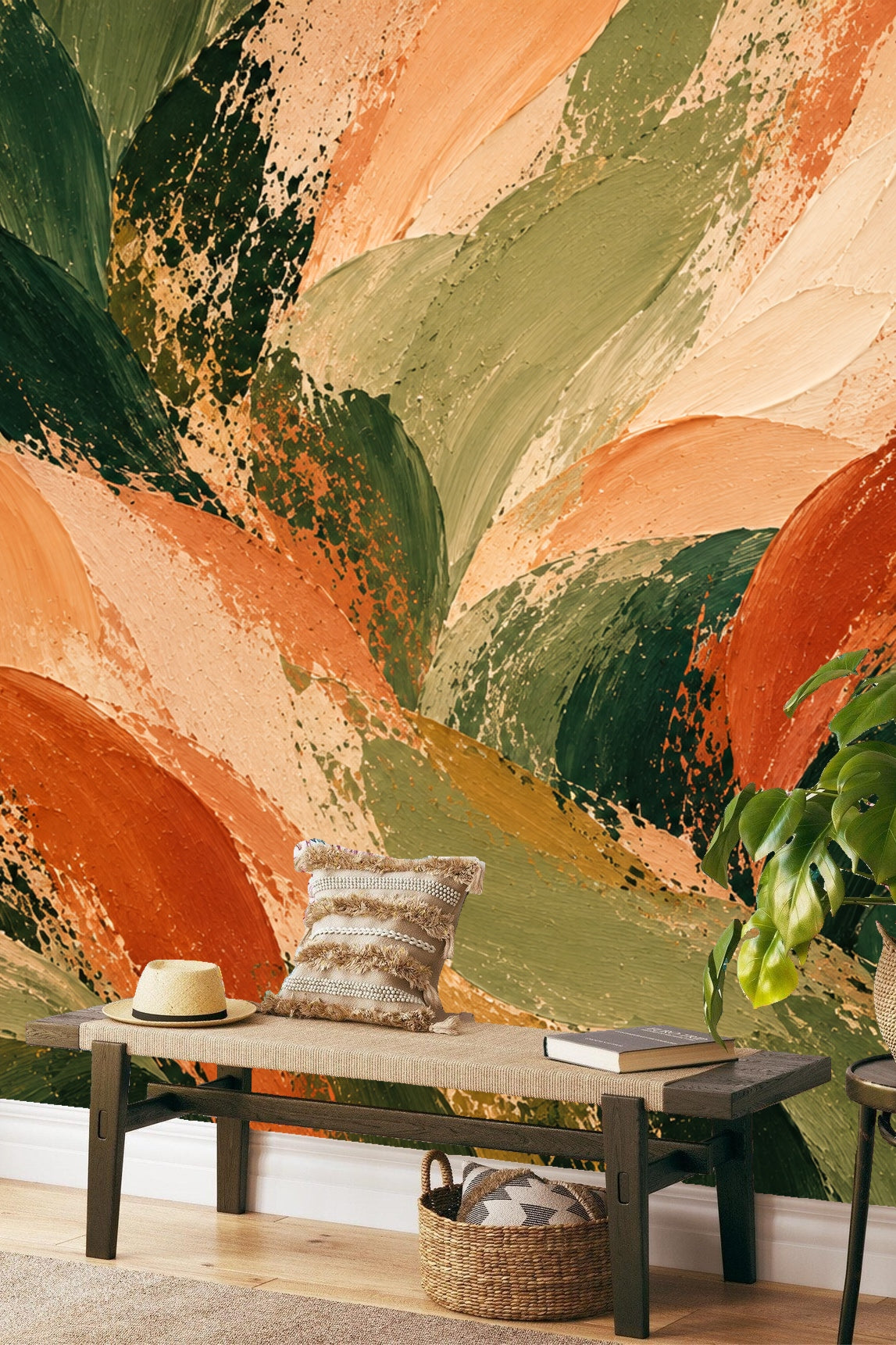 Detail of brush texture in rust and sage shades, highlighting paint layering.
