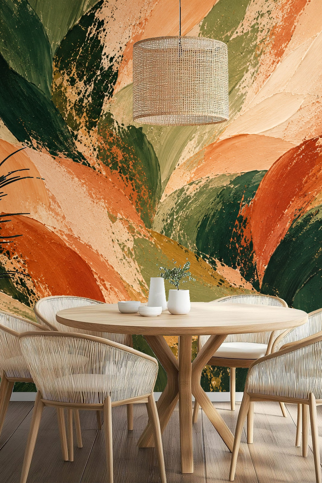 Close-up of textured brushstroke wallpaper in rust, olive green, and soft peach tones.